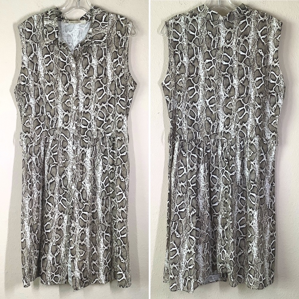LAURA BIANCI Linen Sleeveless Shirt Dress M Animal Print Resort Vacation Office